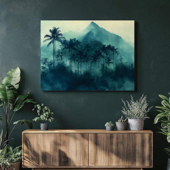 Misty Tropical Palm Mountains In Fog Teal Jungle Landscape Poster