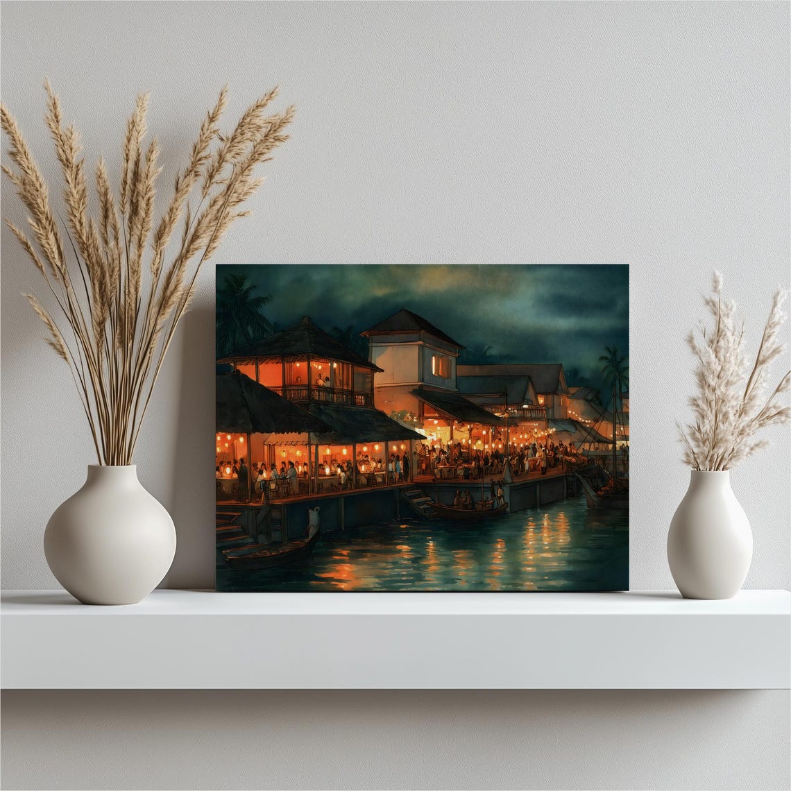 Tropical Night Market Lantern Lit Riverside Boats Canvas Art Print