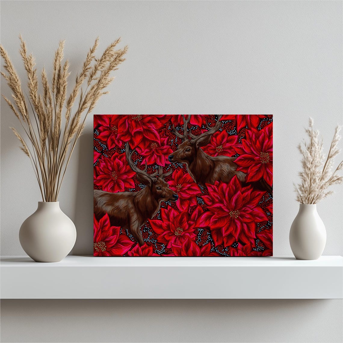 Two Deer Among Red Poinsettia Flowers Holiday Christmas Art Poster