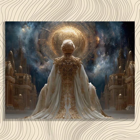 Regal Celestial Figure Canvas Wall Art Golden Architecture Baroque Style Print With Cosmic Backdrop Mystical Aura For Collectors