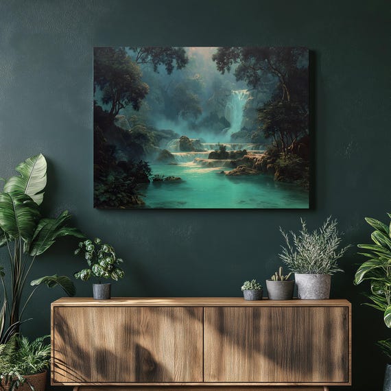 Tropical Waterfall Canvas Wall Art Lush Forest Print Turquoise Water Nature Landscape Painting Decor Gift Jungle Rainforest Misty Cascade