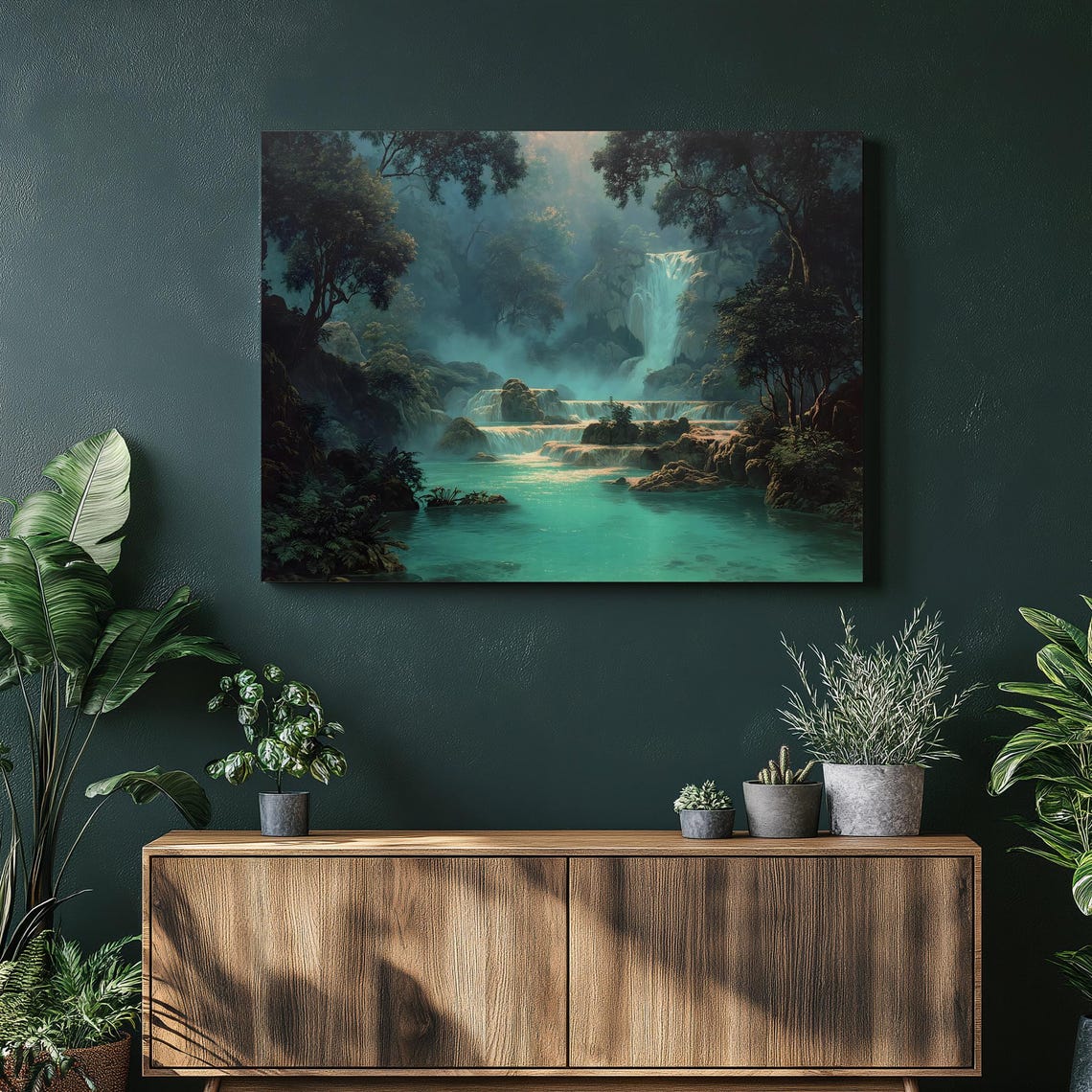 Tropical Waterfall in Lush Forest with Turquoise Pools Art Poster