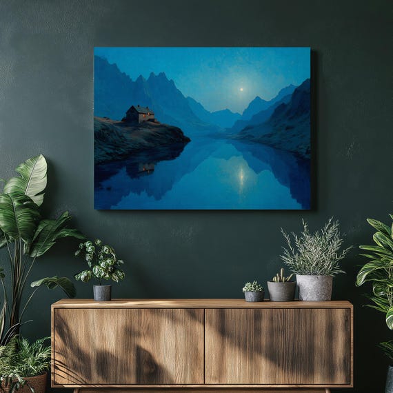 Moonlit Lake Cabin Canvas Wall Art Mountain Landscape Painting Print Decor Rustic Outdoor Reflection Serene Cottage Nature