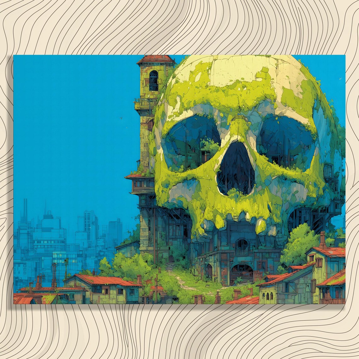 Surreal Giant Skull Shaped Cityscape Blue Green Fantasy Art Poster