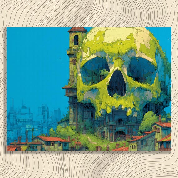 Surreal Skull Cityscape Canvas Wall Art Urban Fantasy Landscape Print With Architectural Detail Blue Green Nature Scene Modern Decor