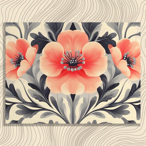 Vintage Floral Canvas Coral Flowers Grey Leaves Botanical Art Poster