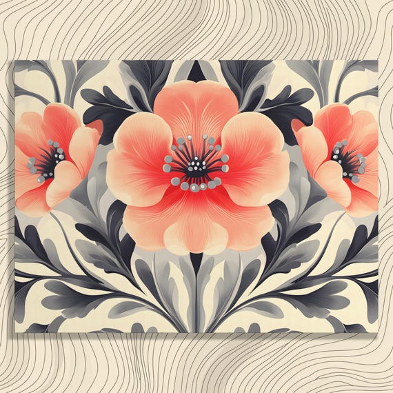 Vintage Floral Canvas Wall Art Botanical Print Orange Gray Flower Pattern Home Decor Bohemian Eclectic For Artists