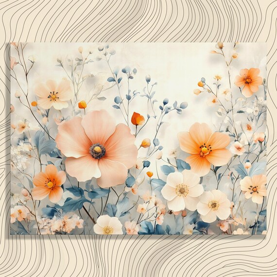 Delicate Peach Blossom Watercolor Floral Bouquet Botanical Wall Art