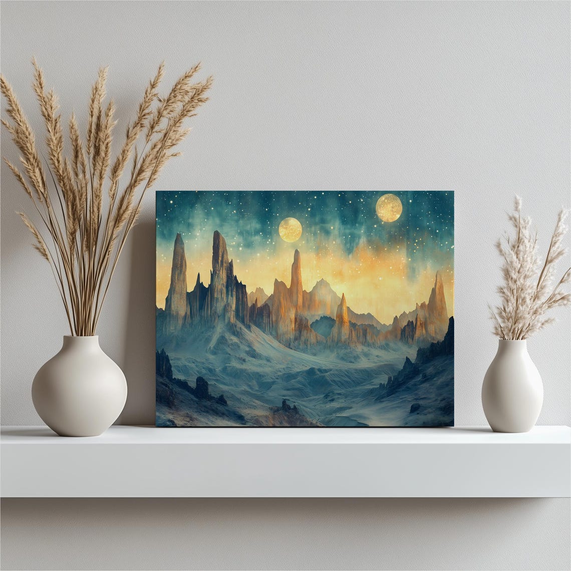 Twin Moons Desert Night Fantasy Rocky Landscape Starry Poster
