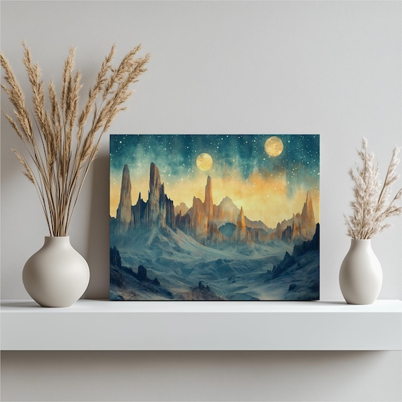 Twin Moons Desert Canvas Wall Art Surreal Starry Night Landscape With Towering Rock Spires And Dunes Cosmic Horizon Mountains
