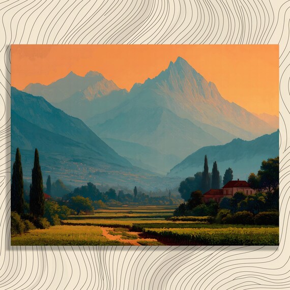 Vineyard Mountains Sunset Impressionist Countryside Landscape Wall Art