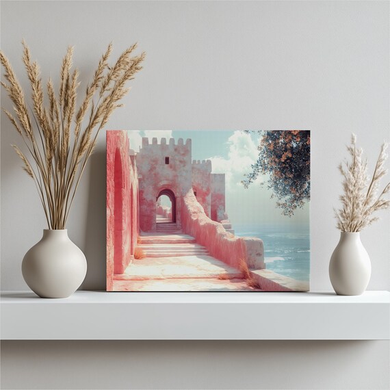 Sunlit Coastal Medina Fortress Archway Seaside Pink Walls Landscape Poster