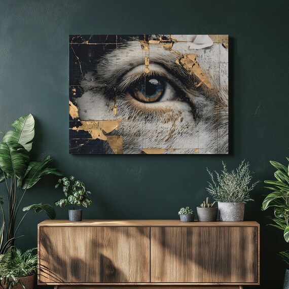 Wolf Eye Canvas Wall Art Black White And Gold Leaf Wildlife Painting Textured Animal Print Modern Decor Nature Artwork Gift