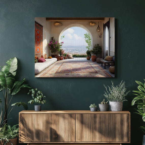 Rooftop Terrace Canvas Wall Art Arched Patio With Oriental Rug Terracotta Pottery Bougainvillea And City Skyline View For Bohemian Decor