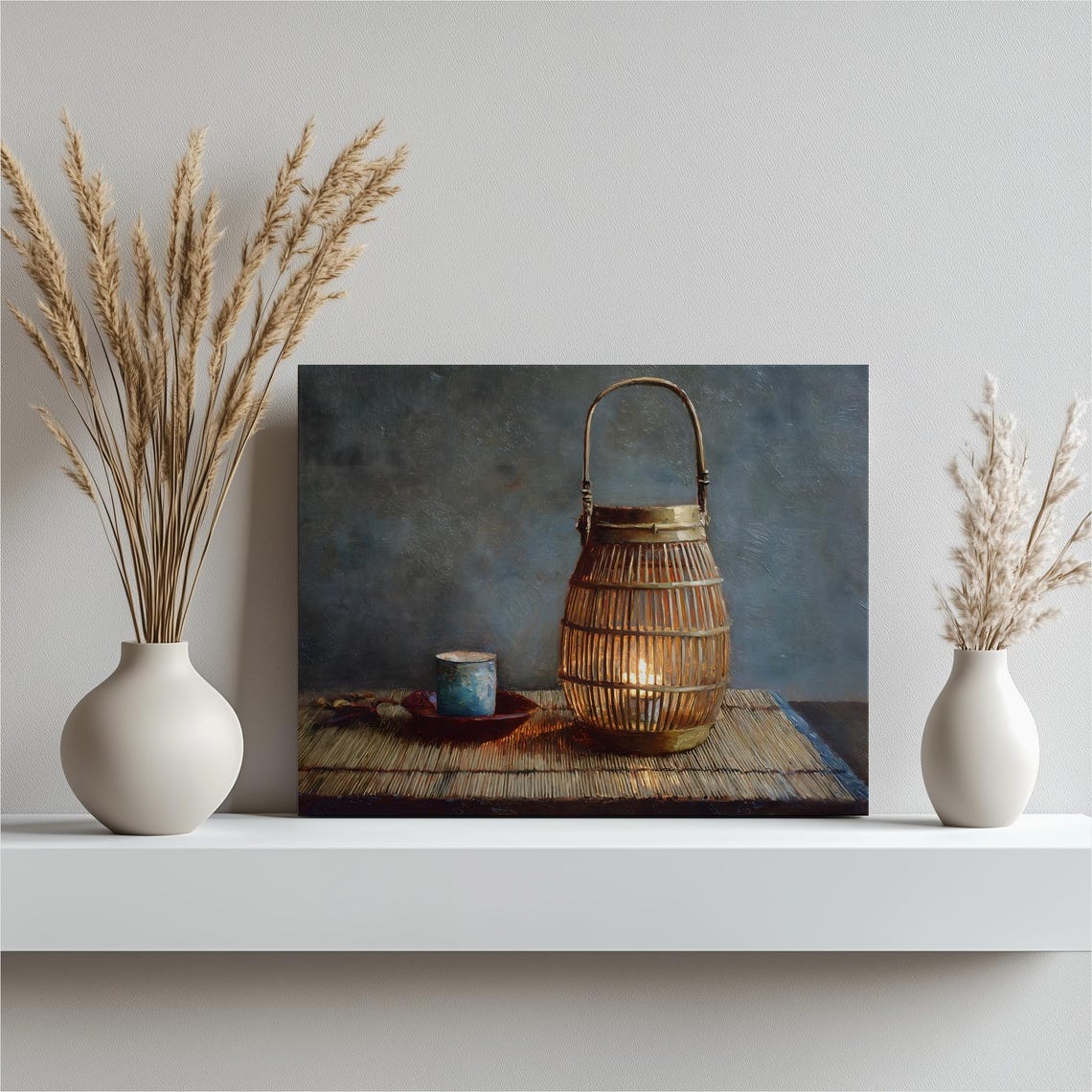 Wicker Lantern Candlelight Rustic Still Life Cozy Vintage Art Poster