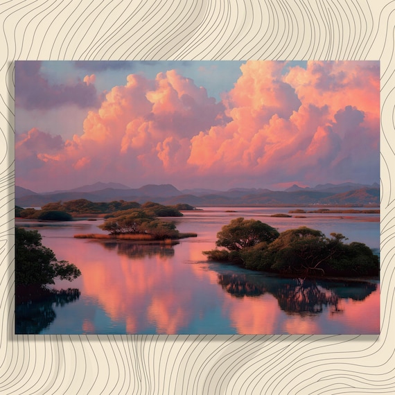 Tropical Sunset Mangrove Lagoon Canvas Wall Art Pink Sky Reflection