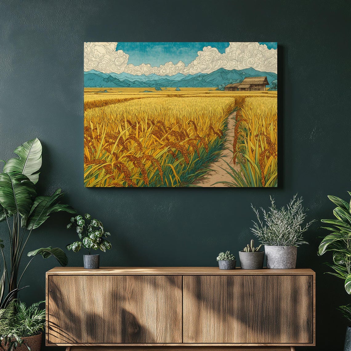 Golden Rice Field Rural Harvest Landscape Illustration Wall Art