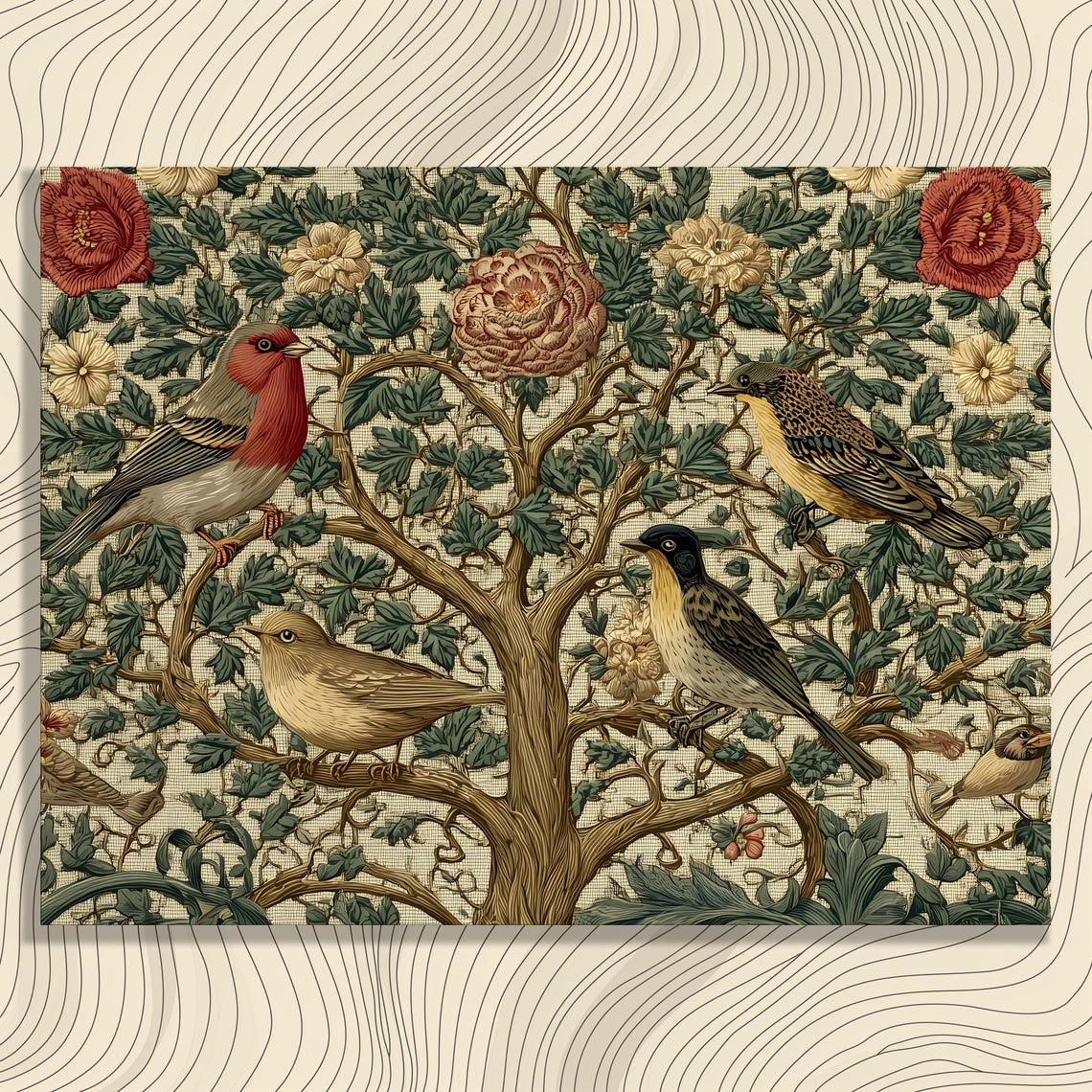 Vintage Botanical Birds Canvas Wall Art Victorian Inspired Arts Crafts Style Tree Blossoms Foliage Morris Print