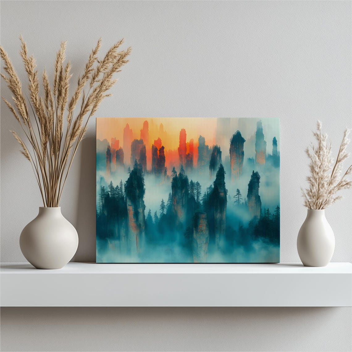 Misty Sandstone Mountain Pillars Sunrise Fog Landscape Canvas Wall Art