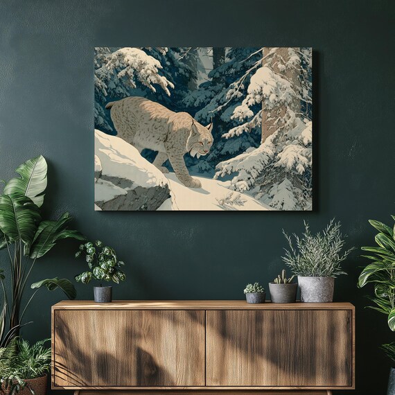Snowy Lynx Prowling Winter Pine Forest Wildlife Nature Poster