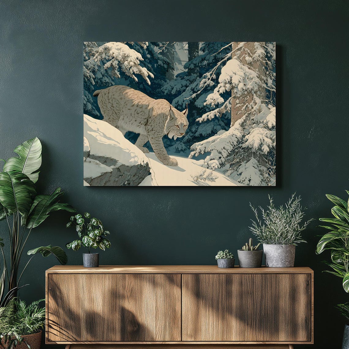 Snowy Lynx Prowling Winter Pine Forest Wildlife Nature Poster