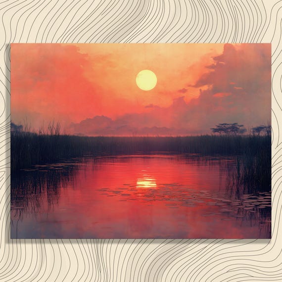 Marshland Sunset Canvas Wall Art Modern Landscape Nature Painting Reflection Evening Sky Sunrise