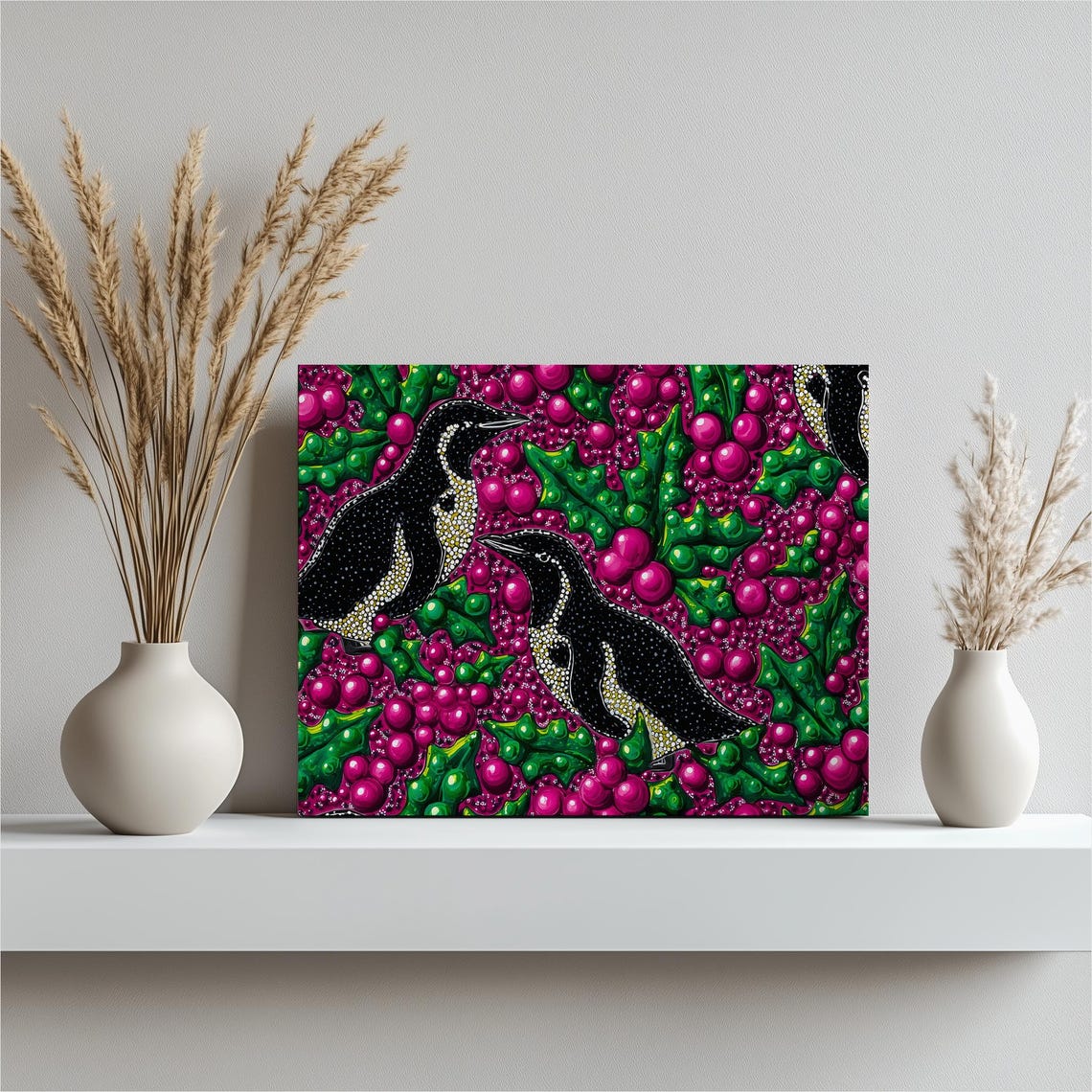 Penguin Pair Holly Berry Dot Art Festive Christmas Holiday Wall Art