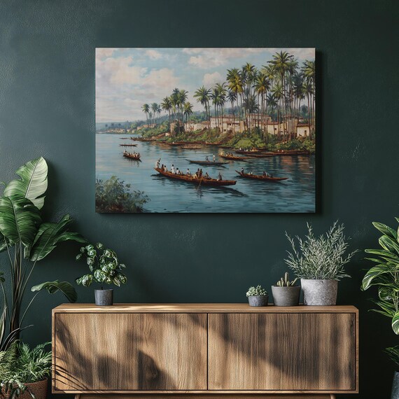 River Canoes Palm Trees Tropical Village Daily Life Landscape Poster