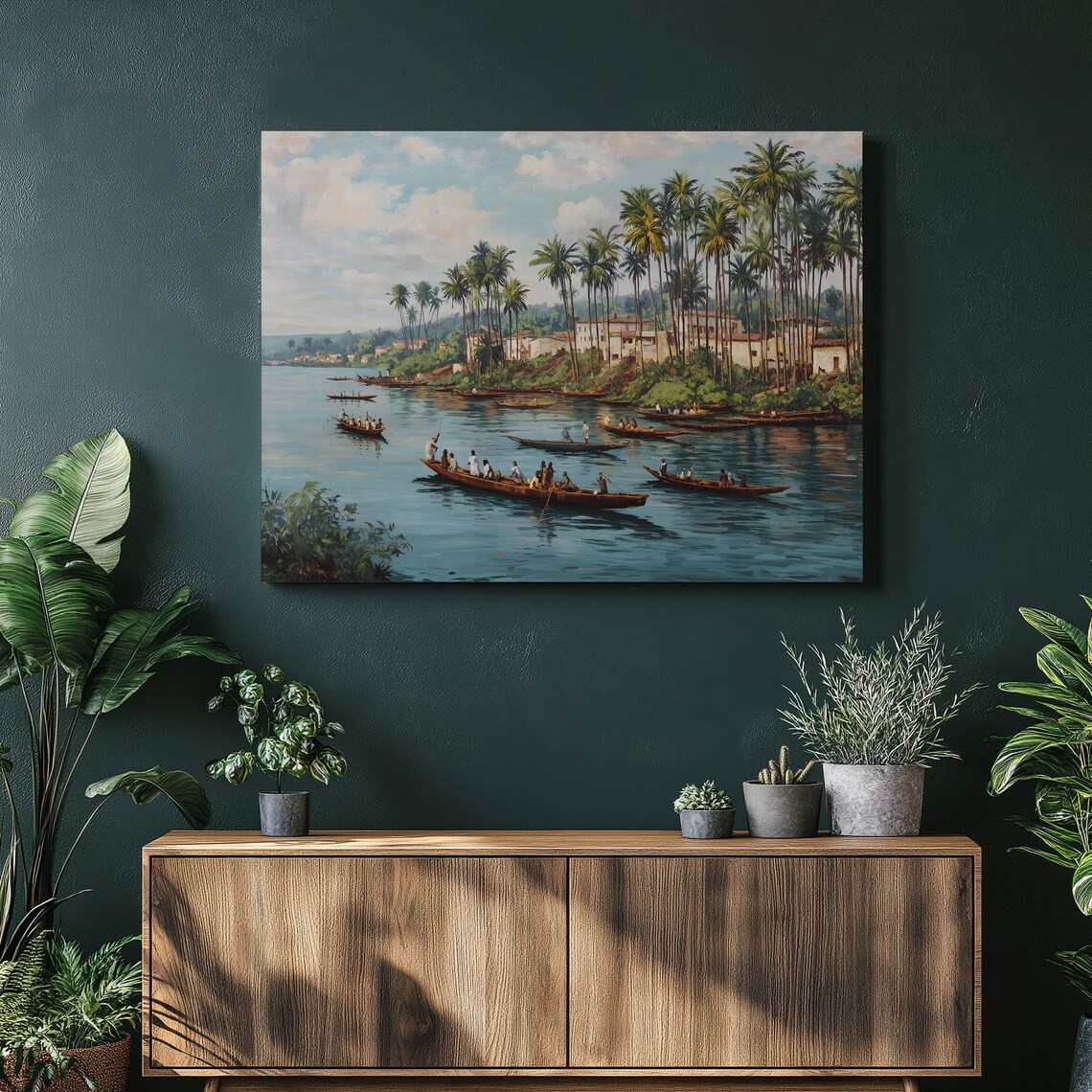 River Canoes Palm Trees Tropical Village Daily Life Landscape Poster