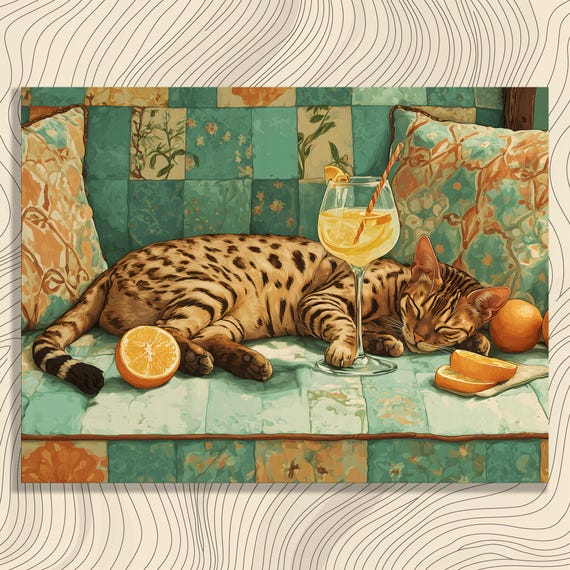 Colorful Bengal Cat Canvas Wall Art Boho Floral Couch With Citrus Drink Illustration