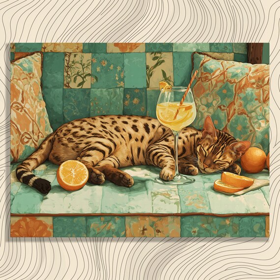 Sleeping Bengal Cat Citrus Cocktail Green Floral Sofa Wall Art