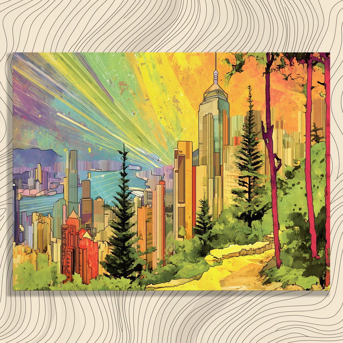 Vibrant Colorful Downtown Skyline With Green Hills Cityscape Poster