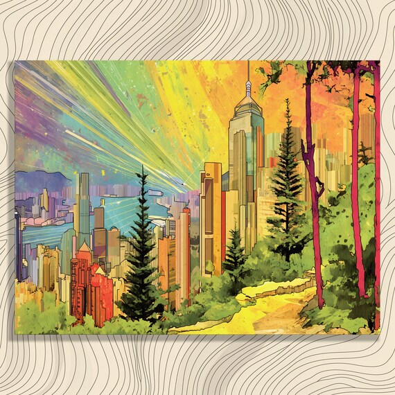 Vibrant Cityscape Canvas Wall Art Modern Urban Landscape Painting With Colorful Skyscrapers Lush Greenery And Dynamic Sky Print