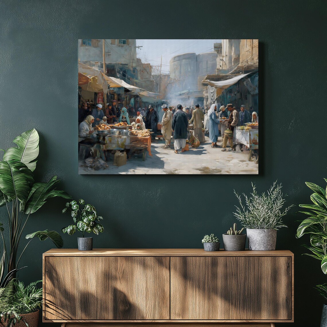 Bustling Old Town Street Market Food Stalls Impressionist Art Poster