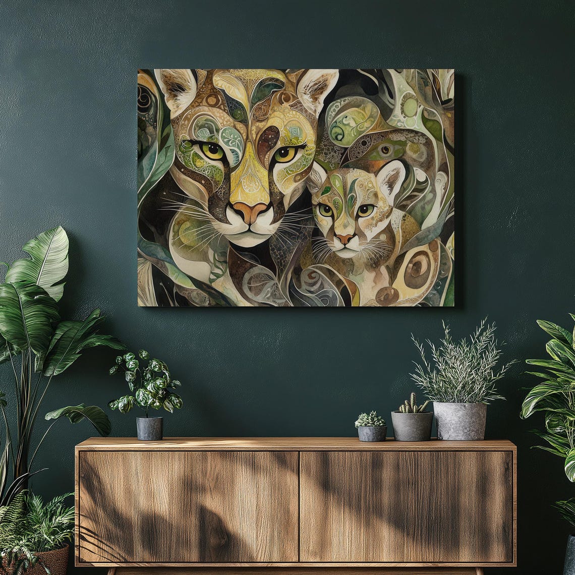 Mountain Cougar Mother and Cub Patterned Portrait Wildlife Print