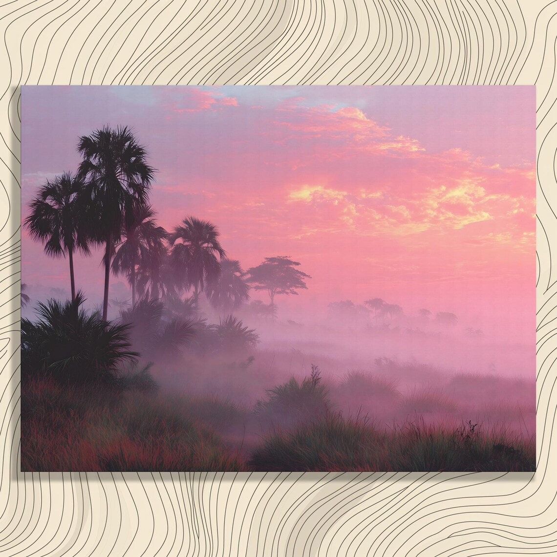 Dreamy Misty Pink Sunrise Palm Trees Tropical Fog Landscape Poster