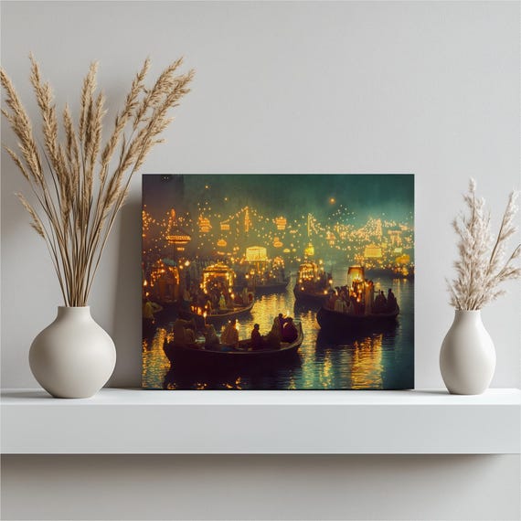Lantern Festival Canvas Wall Art Glowing River Boats With Golden Lights