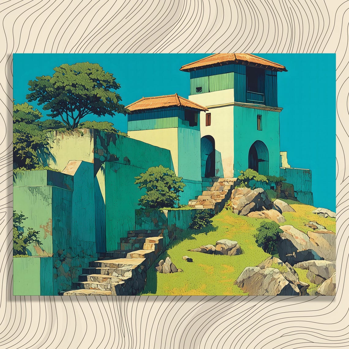 Colorful Coastal Hilltop Fortress Towers Stylized Modern Wall Art