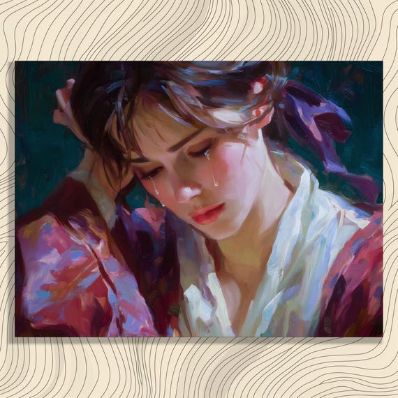 Melancholy Woman Portrait Canvas Wall Art Emotive Painting Print Moody Decor Tearful Face Close View Traditional Romanticism