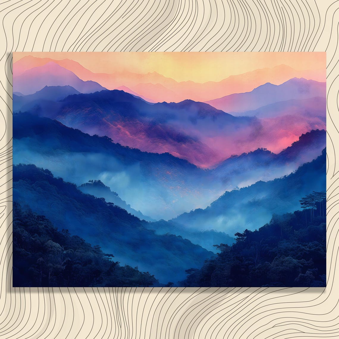 Vibrant Sunset Mountains Blue Purple Misty Layered Landscape Wall Art