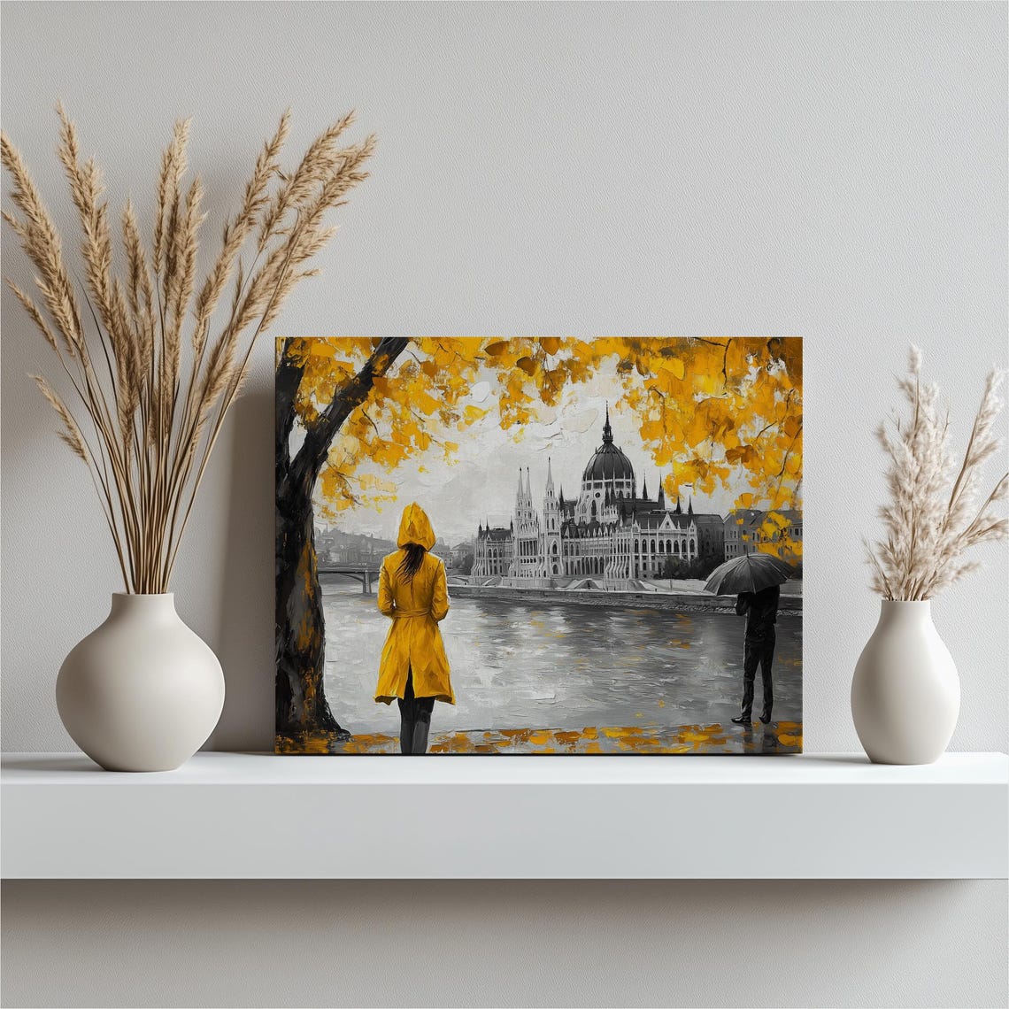Budapest Autumn Canvas Wall Art Hungarian Parliament River Scene With Fall Leaves Architecture Print For Home Decor Office Living Room