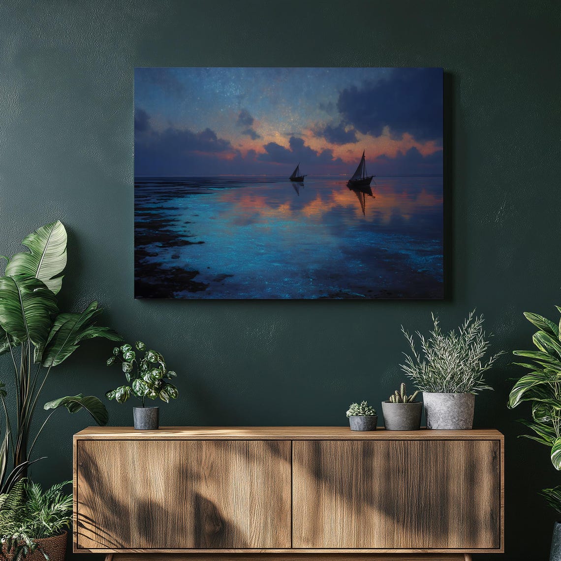 Sailboats Starry Night Ocean Calm Moonlit Sea Nautical Poster