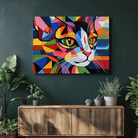 Colorful Geometric Cat Portrait Canvas Wall Art Bold Abstract Feline Decor