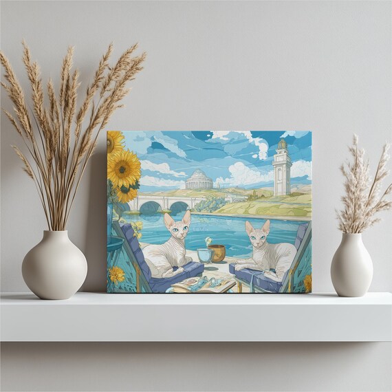 Sphynx Cat Pair Riverside Sunflower Landscape Whimsical Illustration Poster