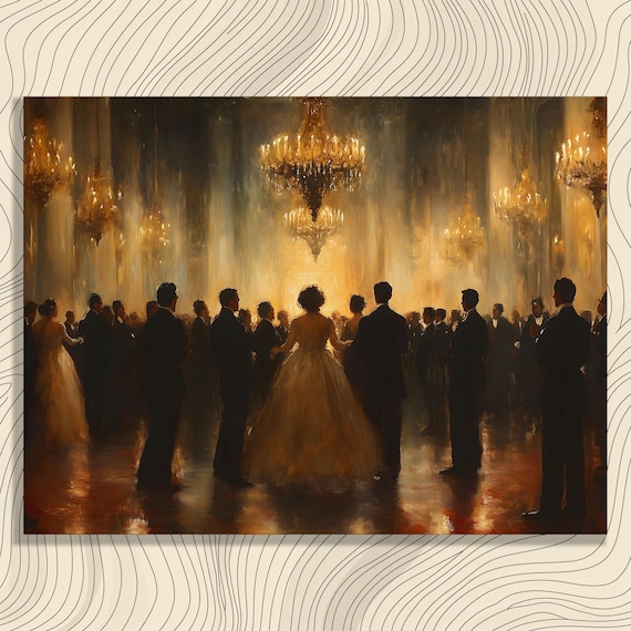 Grand Victorian Ballroom Canvas Wall Art Elegant Masquerade Dancing Scene Gold Black Luxury Decor Print Classic Home