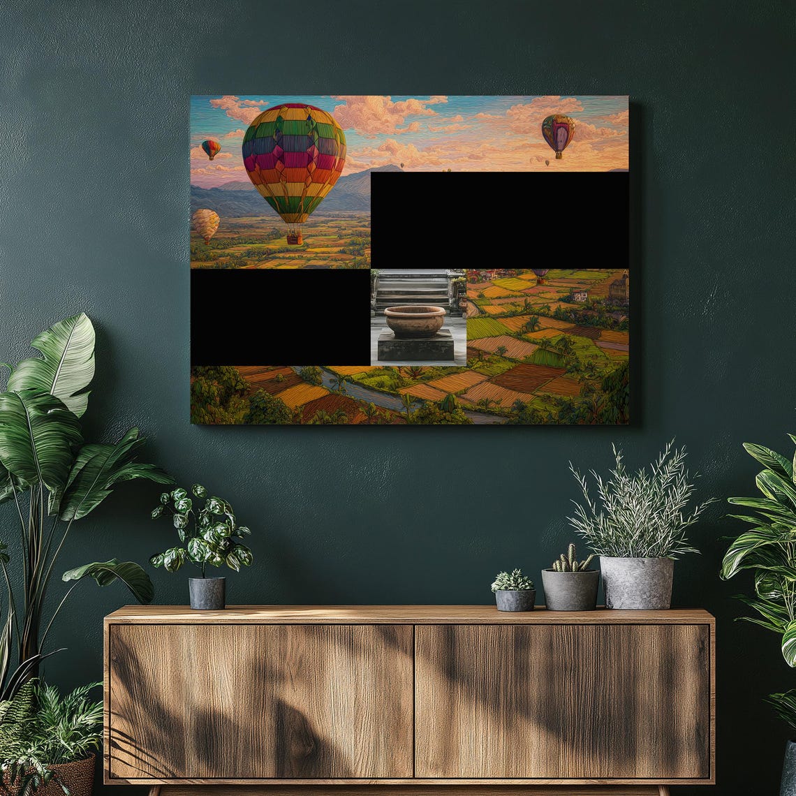 Colorful Hot Air Balloons Patchwork Fields Countryside Art Poster