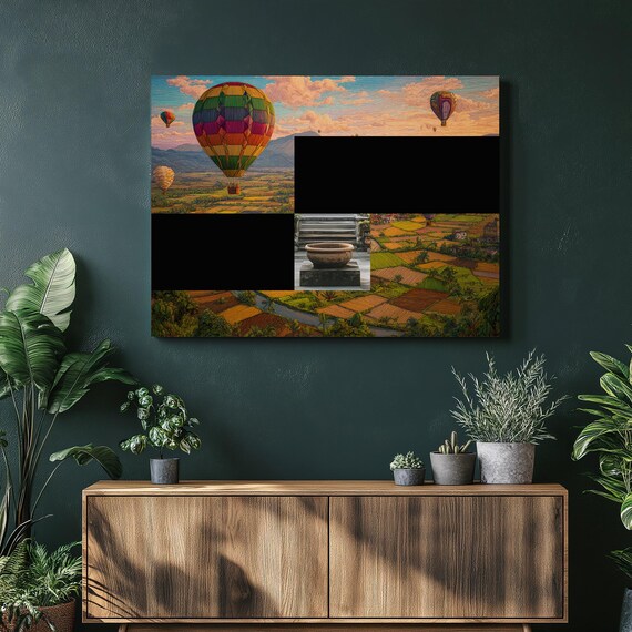 Colorful Hot Air Balloons Patchwork Fields Countryside Art Poster