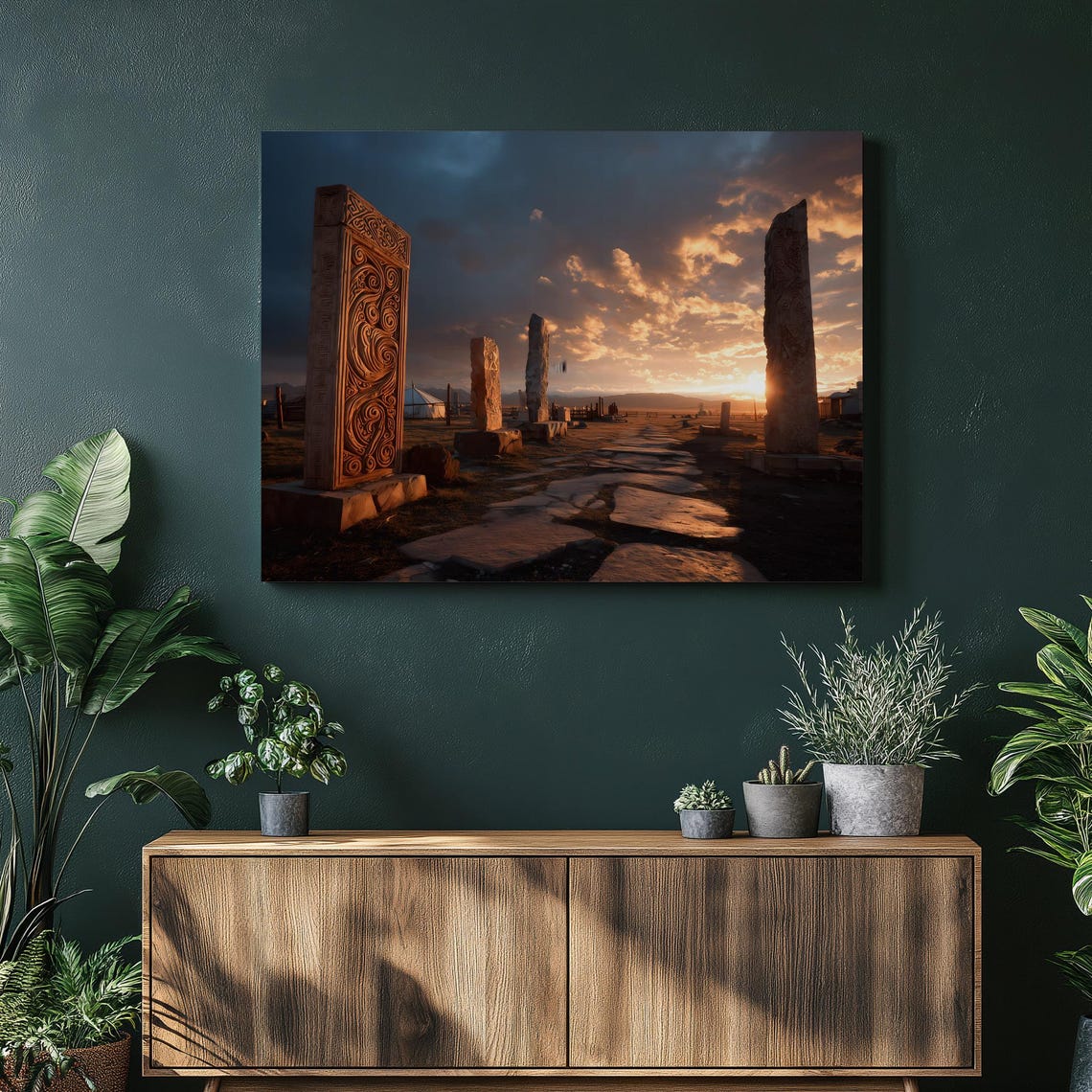 Ancient Stone Pillars Sunset Steppe Nomadic Heritage Photo Poster