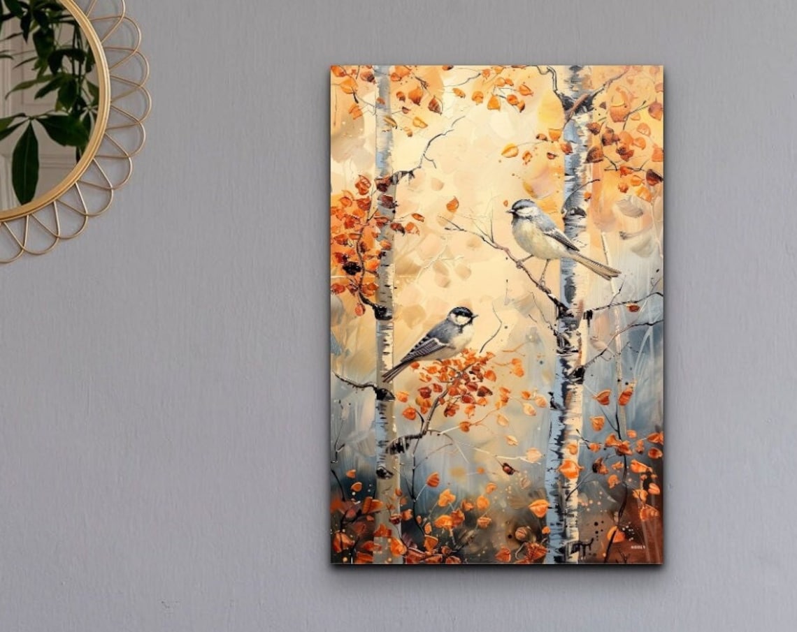 Two Blue Birds on Birch Trees with Orange Autumn Foliage Poster