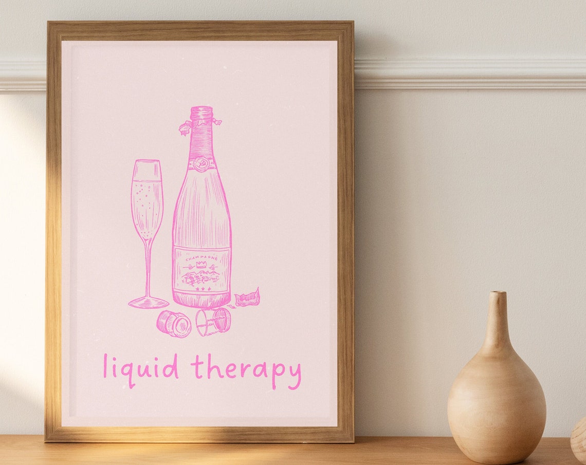 Funny Liquid Therapy Champagne Bottle Pink Line Drawing Poster